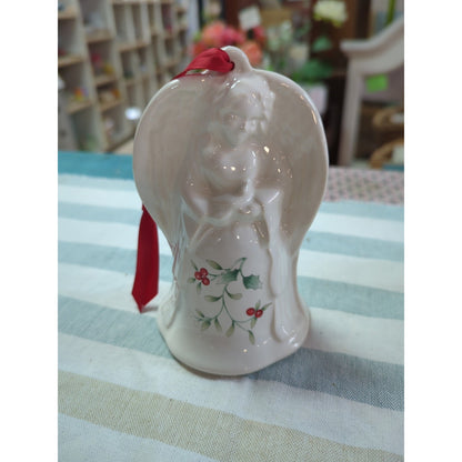 Pfaltzgraff Ceramic bell Winterberry Christmas Ornament Angel w Bird Holly 1999