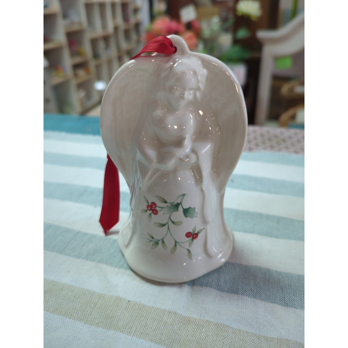 Pfaltzgraff Ceramic bell Winterberry Christmas Ornament Angel w Bird Holly 1999