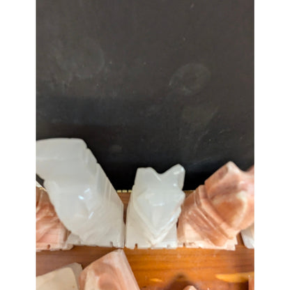Vintage Hand-Carved Alabaster Chess Set – Rose & White Marble Pieces damaged
