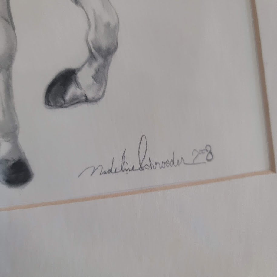 Original Pencil Drawing Horse Rider Framed Matted Madeline Schroder 2008 14x17