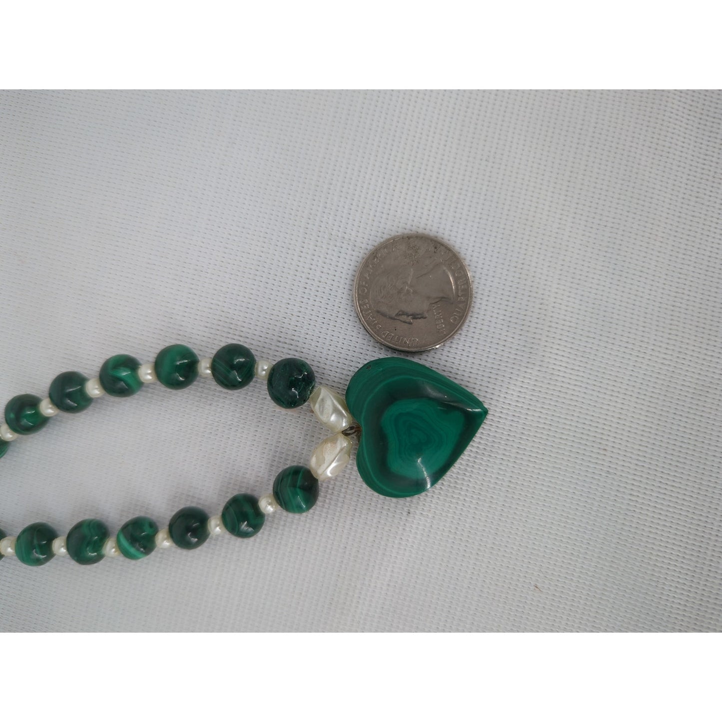 Vintage Green Jadeite Glass Beaded Necklace Heart Pendant Mid-Century Boho Chic