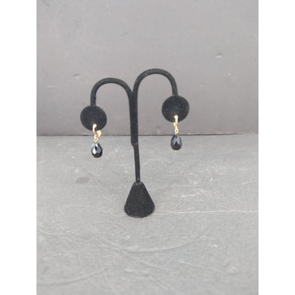Vintage Black Spinel Bead Drop Dangle Earrings Gold Tone Clip On 1960s