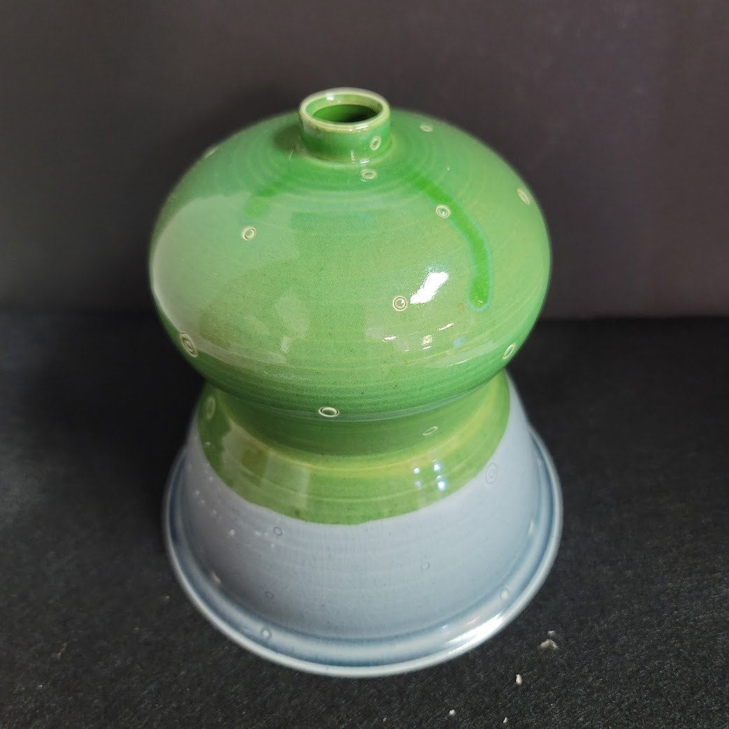 Art pottery ceramic vase Blue green two tone glaze incised circles chop Bottom