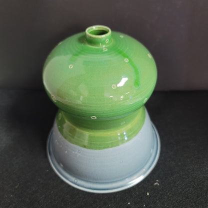 Art pottery ceramic vase Blue green two tone glaze incised circles chop Bottom