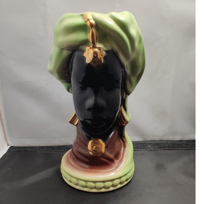 Vintage 1950s 9" Female Blackamoor African Head Vase Planter Turban Figurine