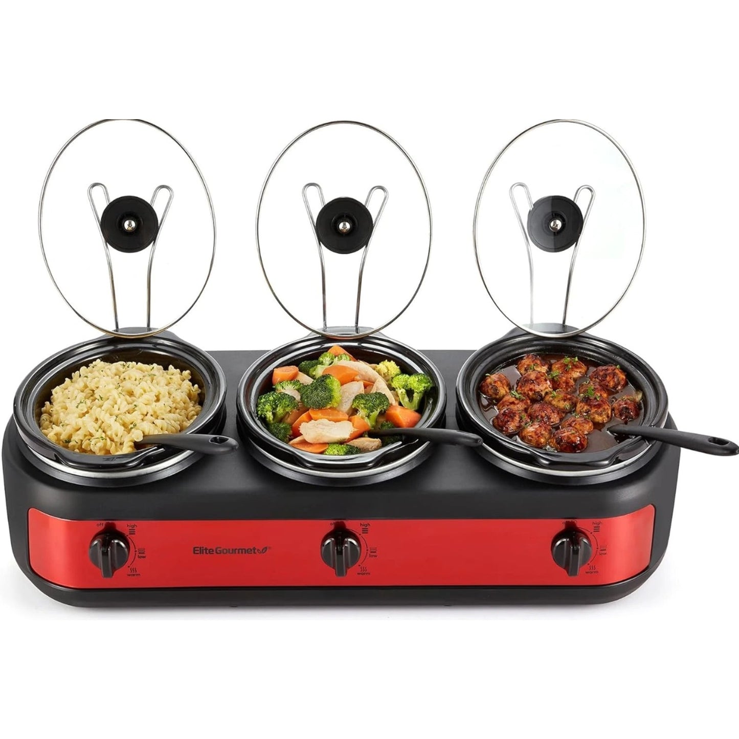 Elite Gourmet EWMST-325R Maxi-Matic Triple Slow Cooker Buffet 2.5 Quarts Red NEW