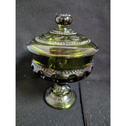 Vintage Indiana Glass Olive Green Kings Crown Thumbprint Covered Candy Dish