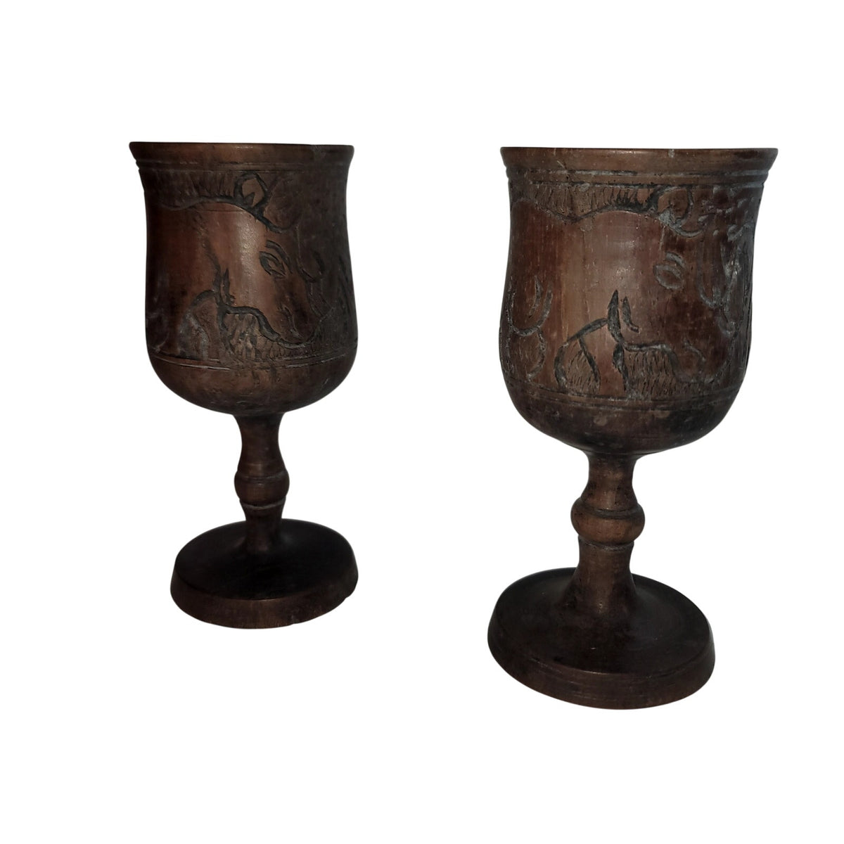 Vintage African Hand Carved Wood Goblets Hippo Rhino Giraffe Pair Tribal MCM