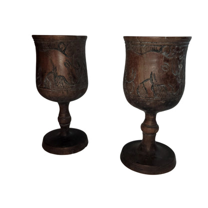 Vintage African Hand Carved Wood Goblets Hippo Rhino Giraffe Pair Tribal MCM
