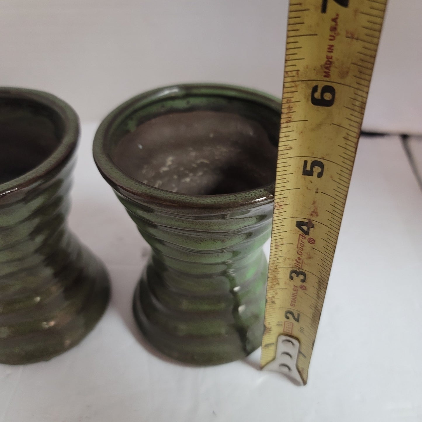 Pair sage green priory vases 4.5" talltwo tone gloss glaze Handmade clay pottery