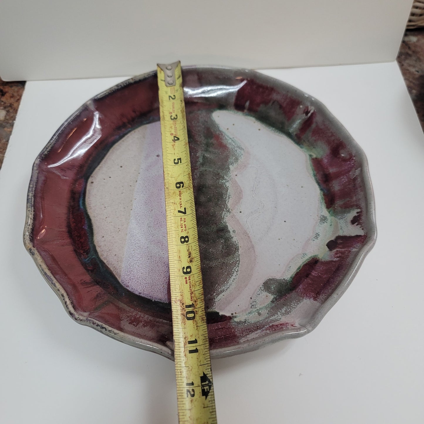 Art pottery ruffles edge plate bowl pie pan signed Alan Ward 1996 red green 11"