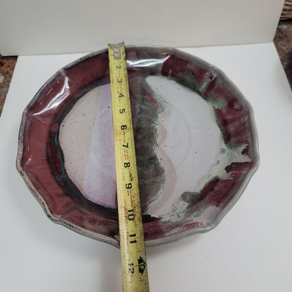 Art pottery ruffles edge plate bowl pie pan signed Alan Ward 1996 red green 11"