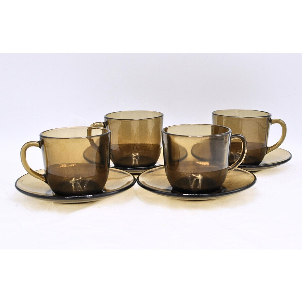 Vintage MCM 60s Dishes Set of 4 Vereco france Smokey Glass Cup And Saucer