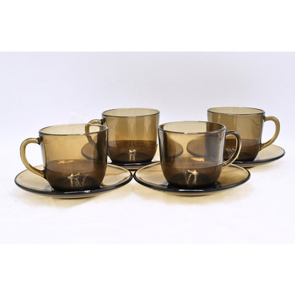Vintage MCM 60s Dishes Set of 4 Vereco france Smokey Glass Cup And Saucer