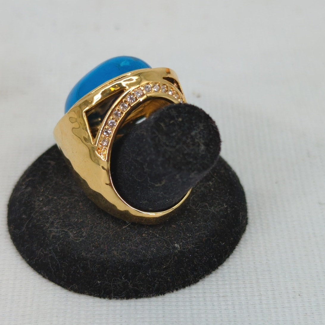 Vintage Gold Tone Simulated Turquoise Rhinestone Statement Ring Boho Size 8