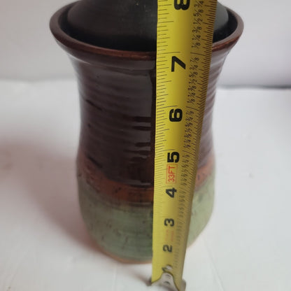 Art pottery Handmade tiki torch Clay Canister 7" holder Earthtones Signed JA
