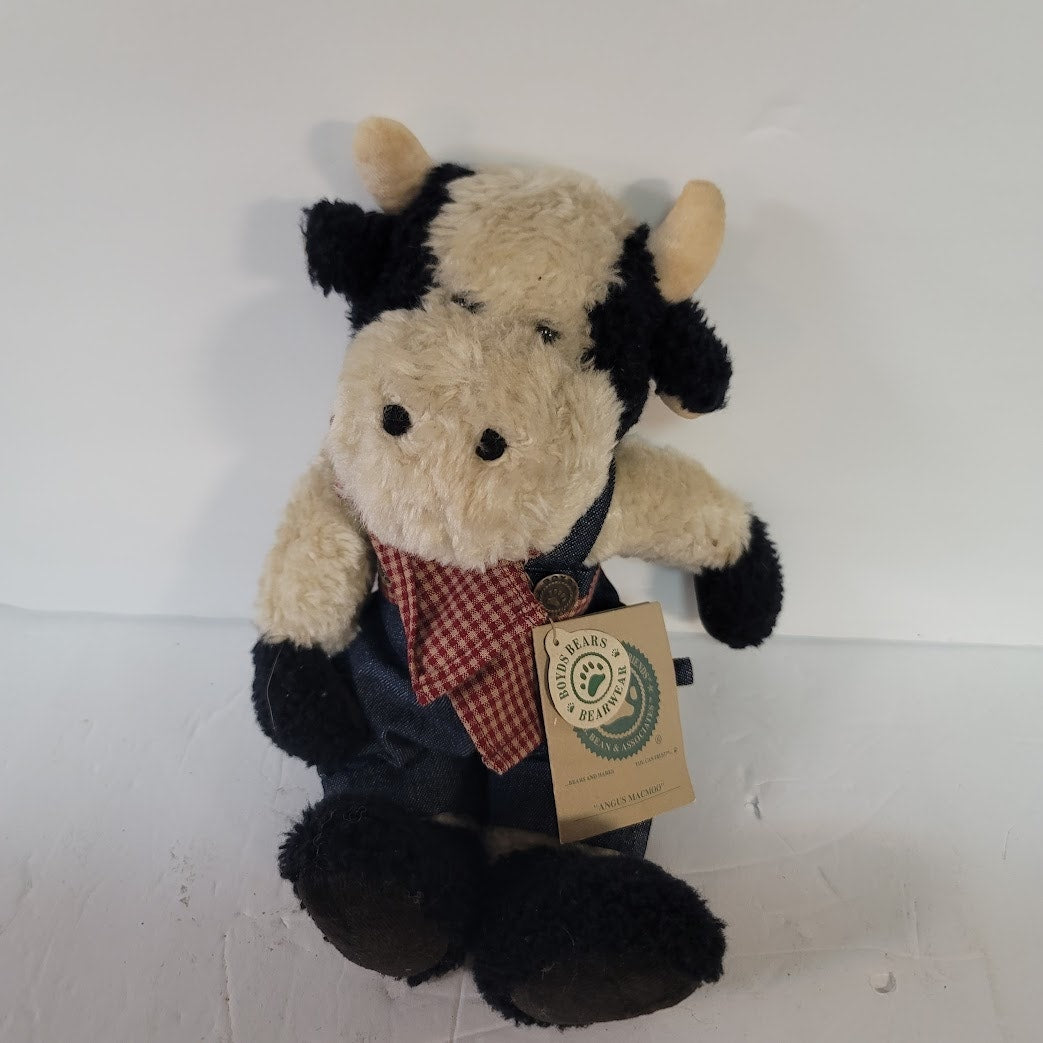 Boyds Bears Plush Angus Macmoo 11” Holstein Cow in Denim Coveralls