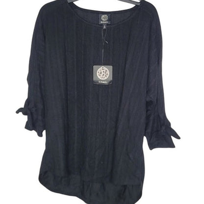 Bobeau Small black top blouse round hem tie sleeves stripes casual round neck