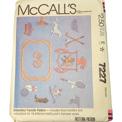 McCalls 7227 Vintage Sewing Pattern Embroidery Transfer Motif Alphabet Styles