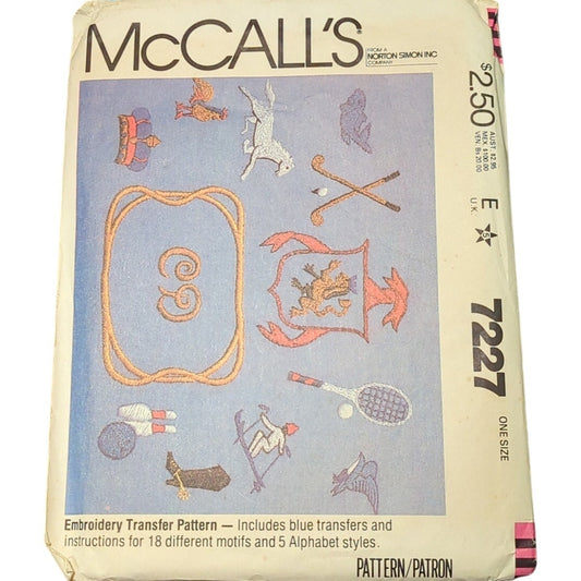 McCalls 7227 Vintage Sewing Pattern Embroidery Transfer Motif Alphabet Styles