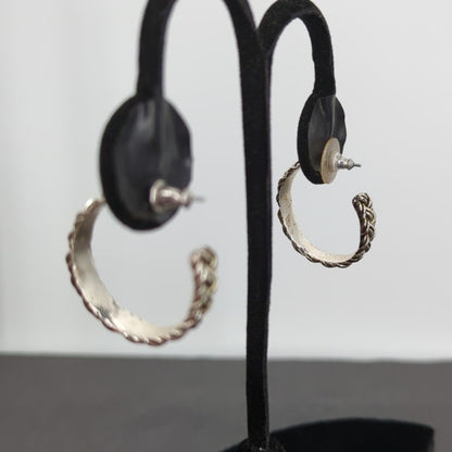 Vintage PIERCED fashion  Earrings Silver tone Braided Rope Semi Hoop