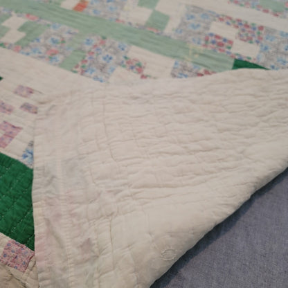 Handmade Quilt 72"x70" greens need repairs PATCHWORK FARMHOUSE cabin VINTAGE