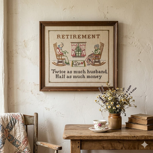 Vintage Grandmillennial Retirement Cross Stitch Framed Sampler Wall Art Decor