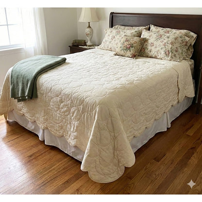 Vintage Cream Circle MCM quilted coverlet bedspread Full Double Drop Sides