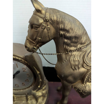 Vintage Kitschy Western Gold Horse Clock Retro Horseshoe Mantel Clock Equestrian