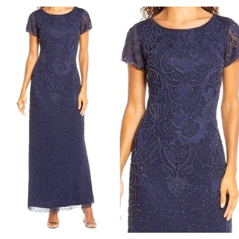 Pisarro Nights Long Line Art Deco Beaded Mesh Formal Gown Sz 18 in Navy NWT