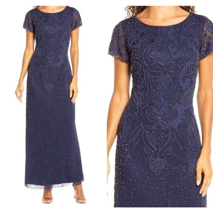 Pisarro Nights Long Line Art Deco Beaded Mesh Formal Gown Sz 18 in Navy NWT