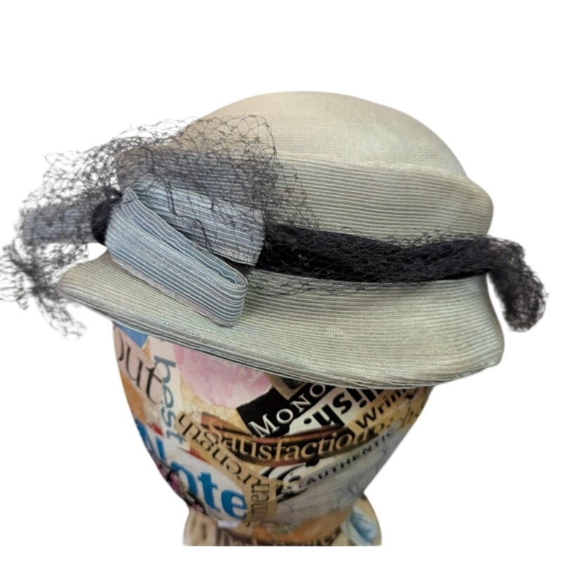 Vintage 40s 50s The Rhodes Hat Pale Blue Grey Pillbox Birdcage Veil Bow