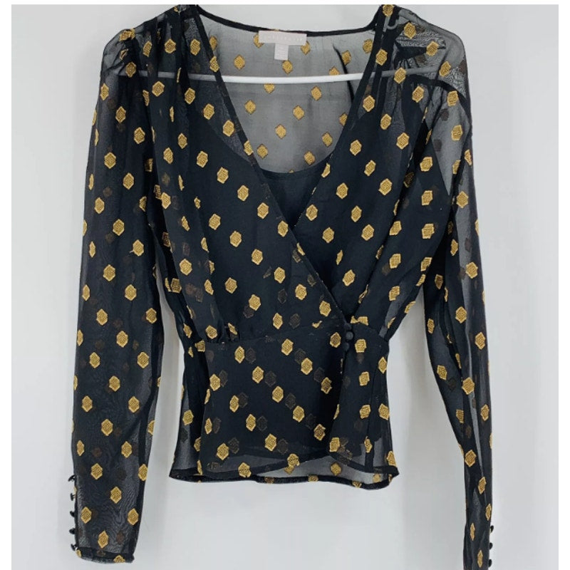 Chelsea28 Sheer Wrap Top Cami & Blouse Size XXS Black Geo Gold $89 Surplice New