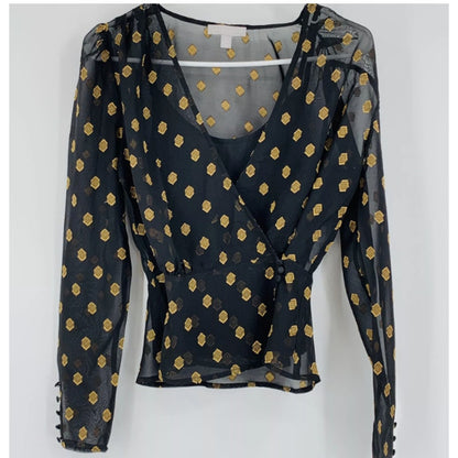 Chelsea28 Sheer Wrap Top Cami & Blouse Size XXS Black Geo Gold $89 Surplice New