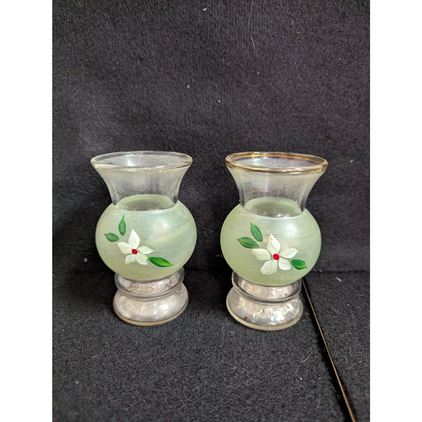 Vintage Frosted Green Hand-Painted Miniature Vases with Silver-Tone Bases - Pair