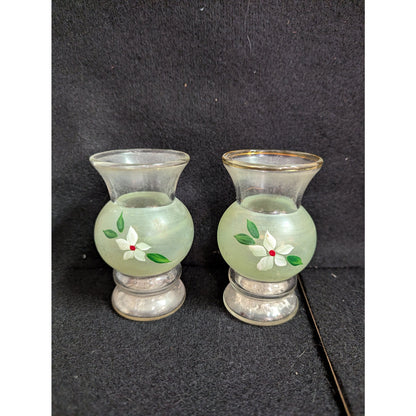 Vintage Frosted Green Hand-Painted Miniature Vases with Silver-Tone Bases - Pair