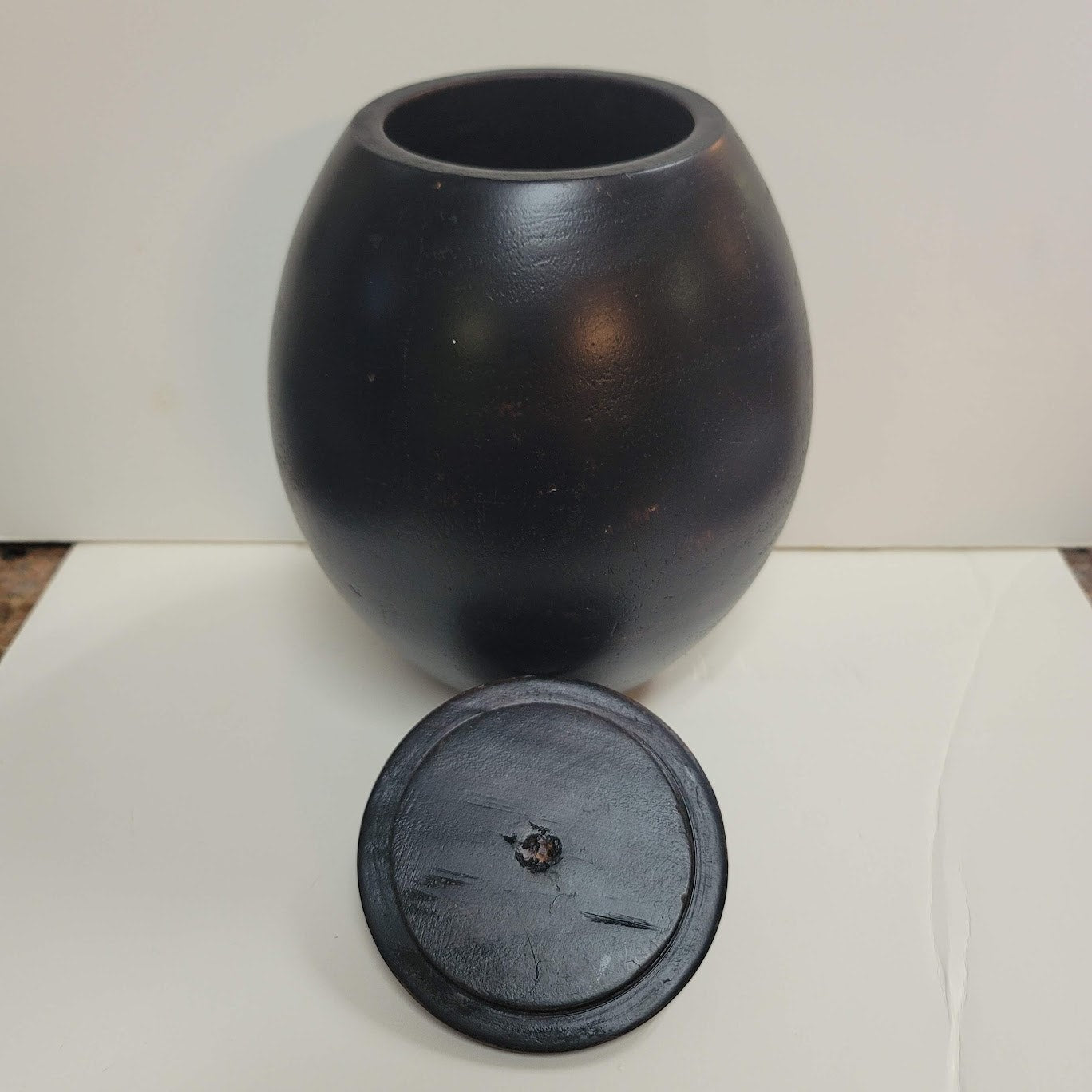 Handmade HAND TURNED urn wood dark egg shape 10" tall with lid URN Biscuit