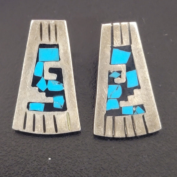 Taxco Mexico 925 Sterling Turquoise Inlay Modernist Geometric Earrings TB-148