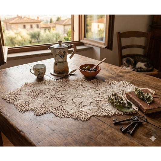 Vintage Italian Floral Lace Table Runner Cream Crochet Shabby Chic Cottagecore