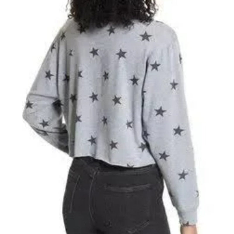 NWT La La Land Soft Long Sleeve Crew Crop Top Sz Large in Gray with Black Stars