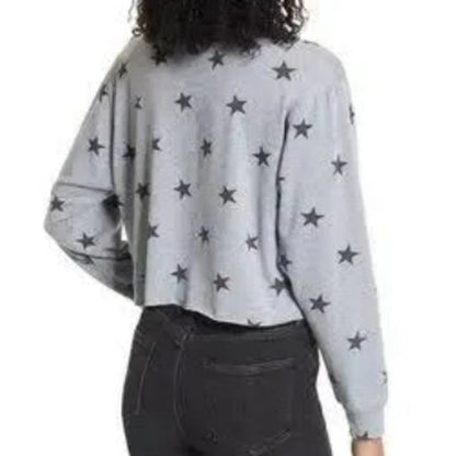 NWT La La Land Soft Long Sleeve Crew Crop Top Sz Large in Gray with Black Stars