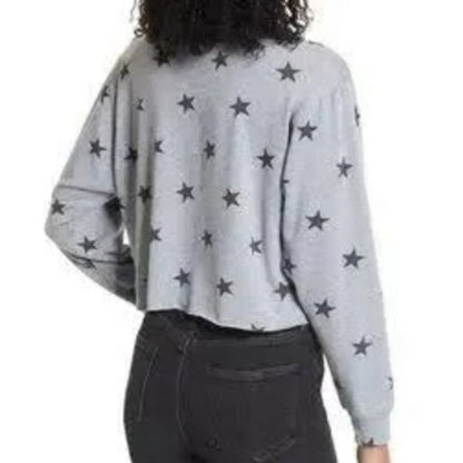 NWT La La Land Soft Long Sleeve Crew Crop Top Sz Large in Gray with Black Stars
