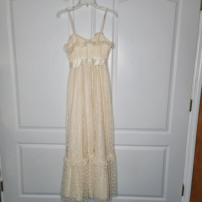 Vintage Lace Overlay Spaghetti strap satin bow Tiered bottom Prom wedding formal