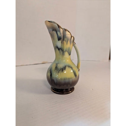 Vintage Art Deco Majolica Pitcher Ewer Vase Yellow Brown Drip Glaze 7"