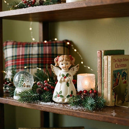 Vintage Josef Originals Christmas Angel Figurine with white box and Holly Accent