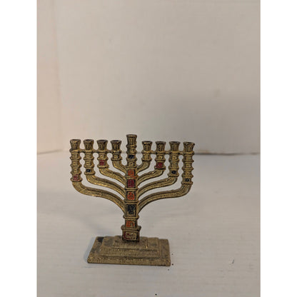 Vintage Miniature Brass Menorah Chanukiah Enamel Accents Israel 4.75"