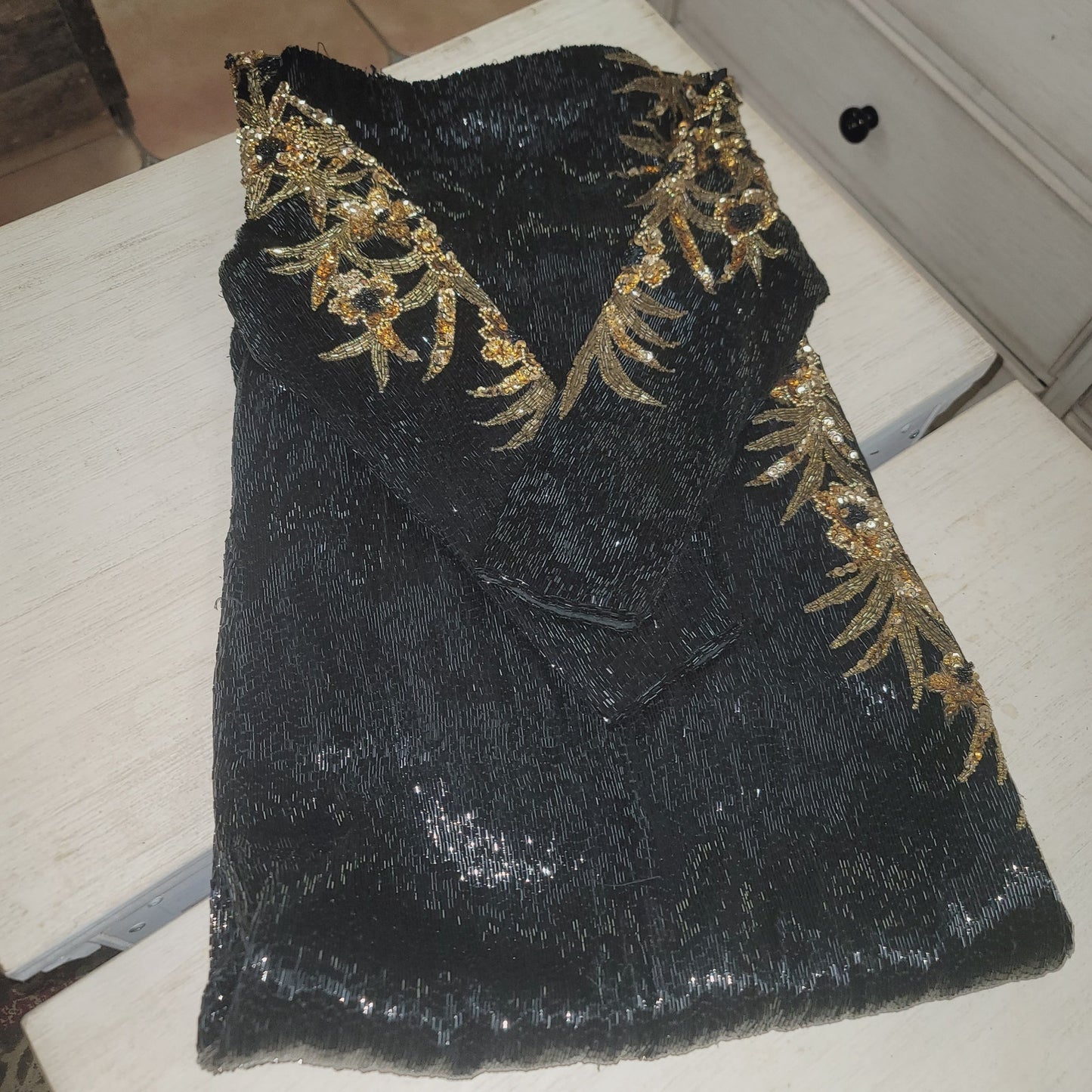 Sho Max SILK heavy beaded sequin dress 80s Vintage Formal SMALL gown Black Gold