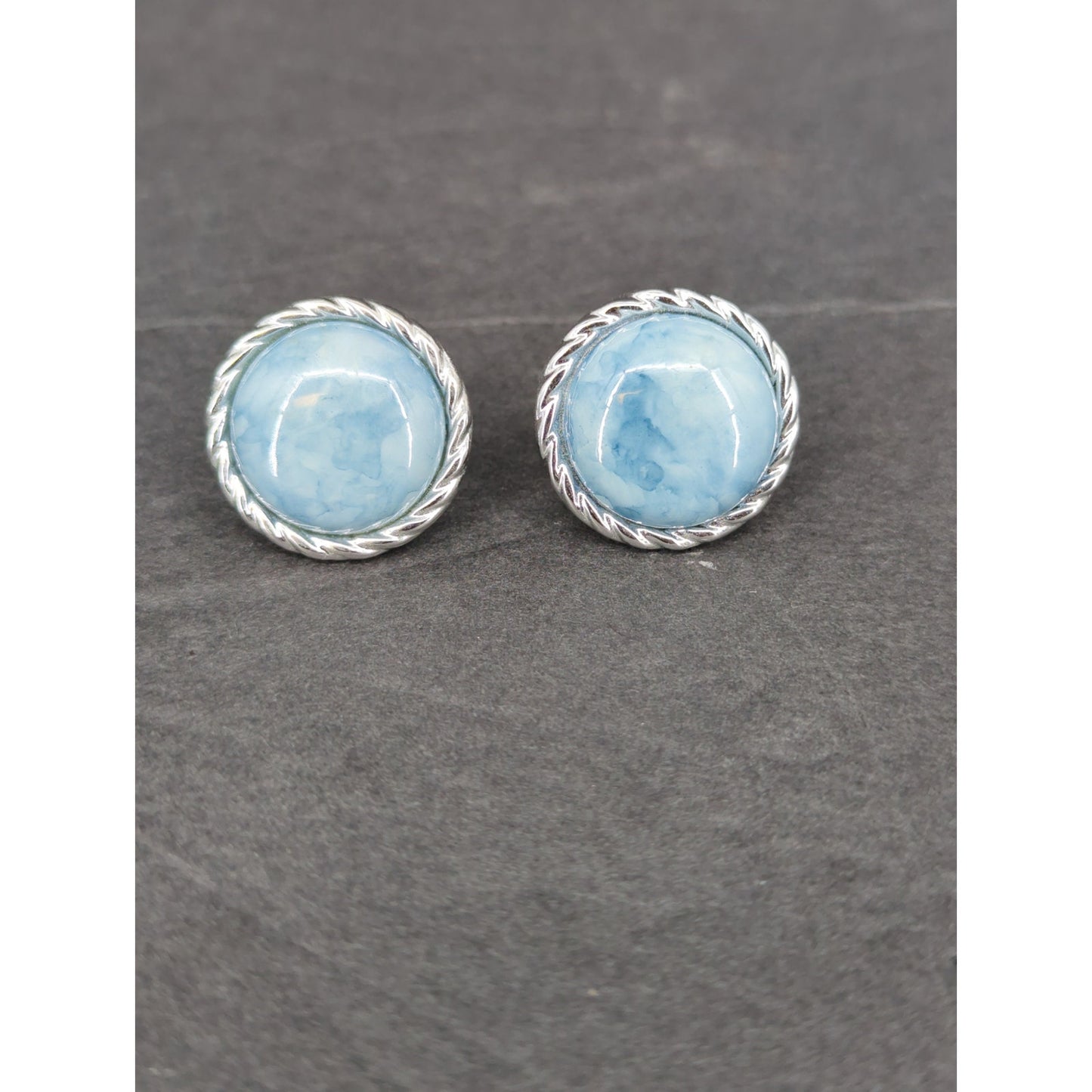 Vintage Pale Blue Faux Pearl Button Circle 80s Rhinestone Halo Clip On Earrings