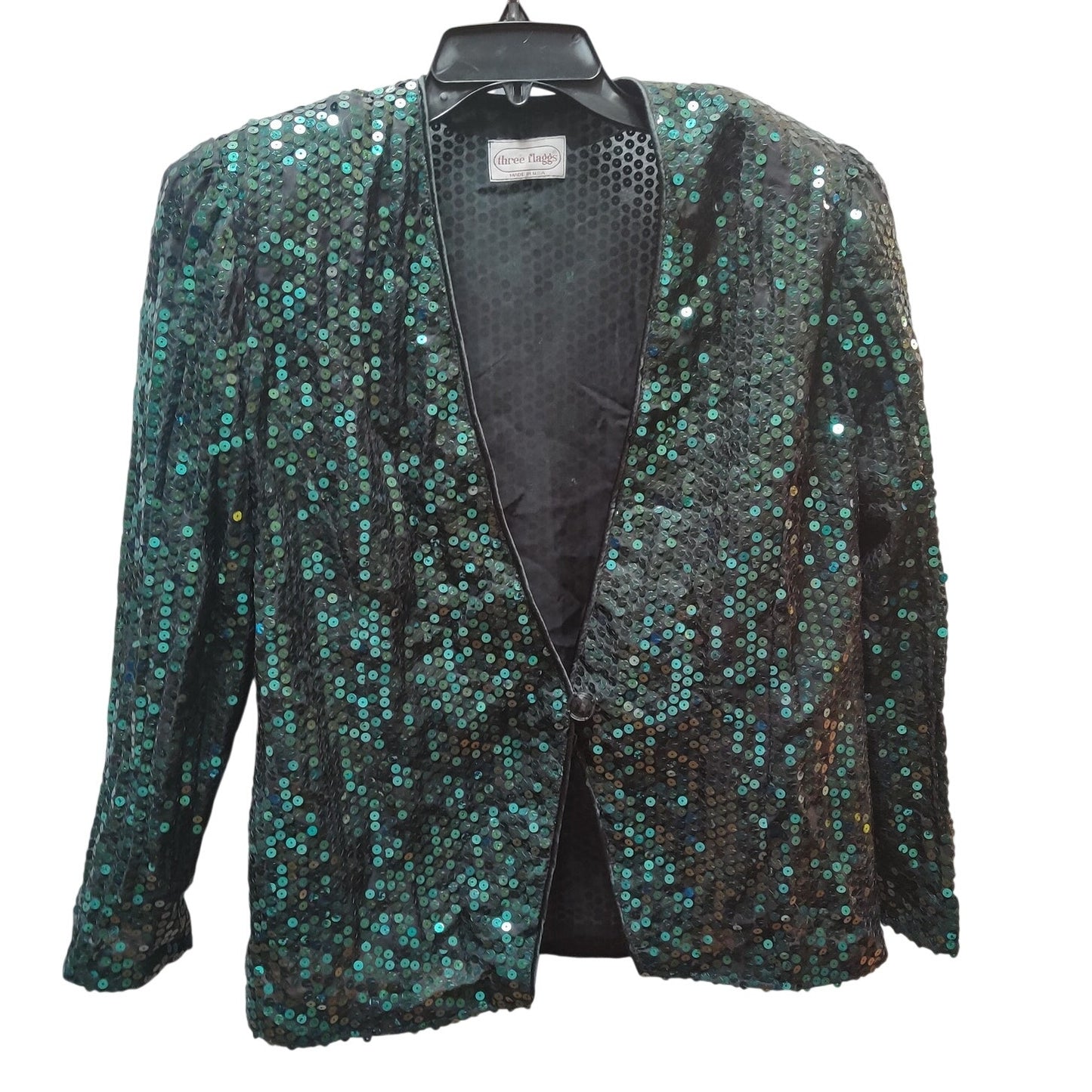 Vintage Three Flaggs Green Black Sequin Evening Blazer Jacket Large 80s glam