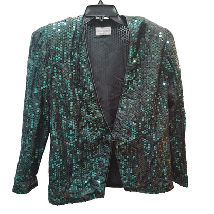 Vintage Three Flaggs Green Black Sequin Evening Blazer Jacket Large 80s glam
